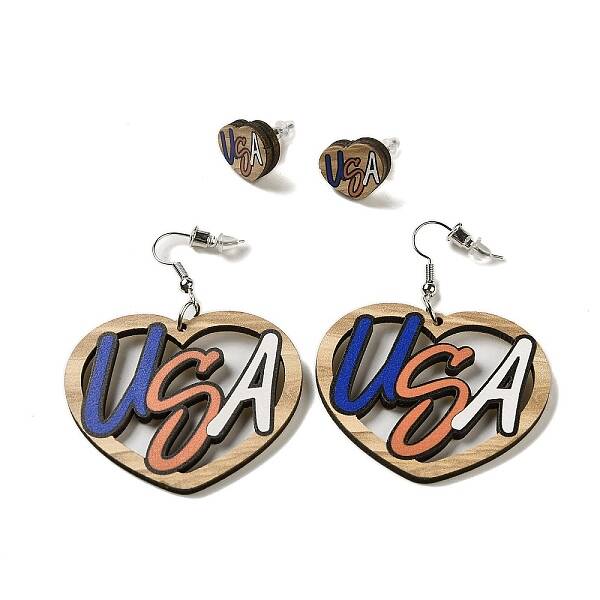 Heart with Word USA Wood Studs & Dangle Earrings Set