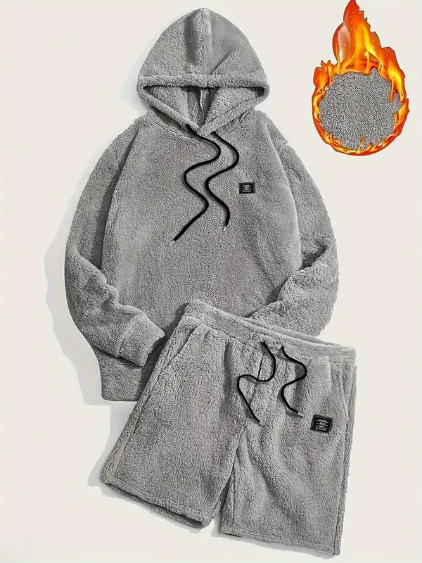 Men's Solid Drawstring Hoodie & Pocket Shorts Plush Set, Regular Fit Casual Long Sleeve Hooded Sweatshirt & Shorts, Men's Fal...
