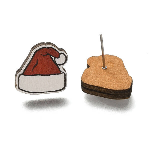 Christmas Printed Wood Stud Earrings for Women