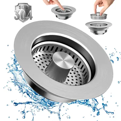 3-in-1 Kitchen Sink Drain Strainer, Stainless Steel Sink Plug, Deodorizing Anti-Clog Basket Strainer for US Standard 3-1/2 In...