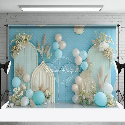 Blue Beige Floral Balloon Summer Cake Smash Backdrop
