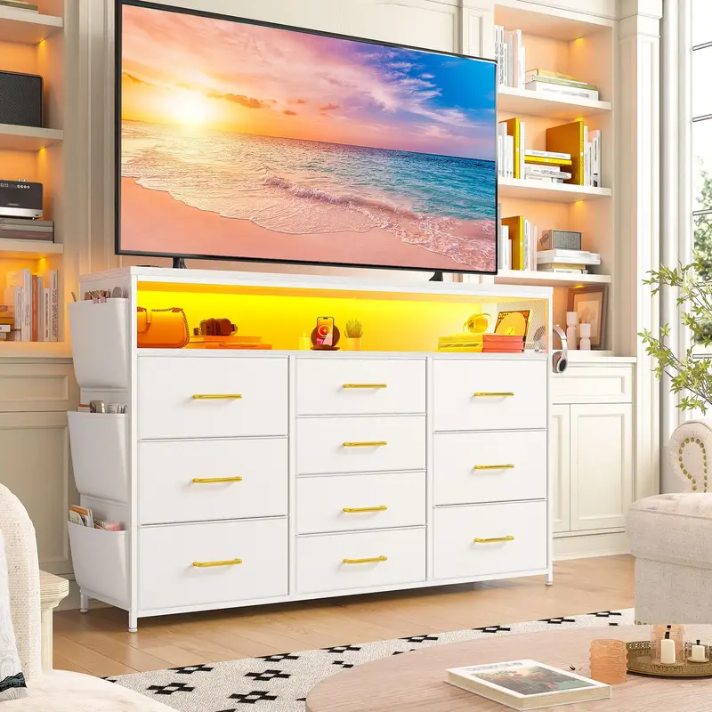 【#TikTokShopFallDealsForYou】Raybee 10 Drawer Dresser for Bedroom with Wood Open Shelves, 55\