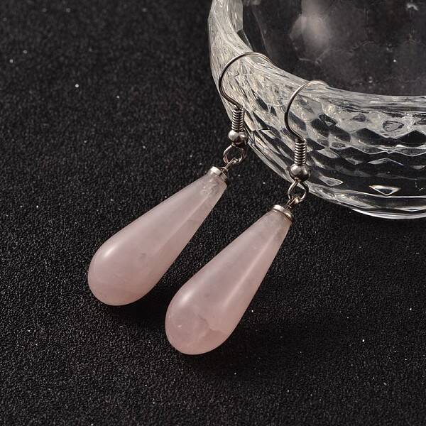 Teardrop Platinum Tone Brass Natural Rose Quartz Dangle Earrings