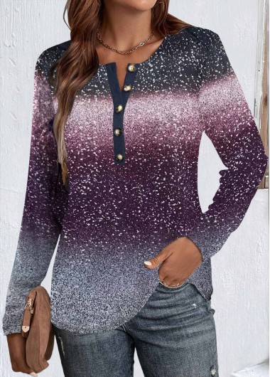 Modlily Purple Button Ombre Long Sleeve Round Neck T Shirt - XXL