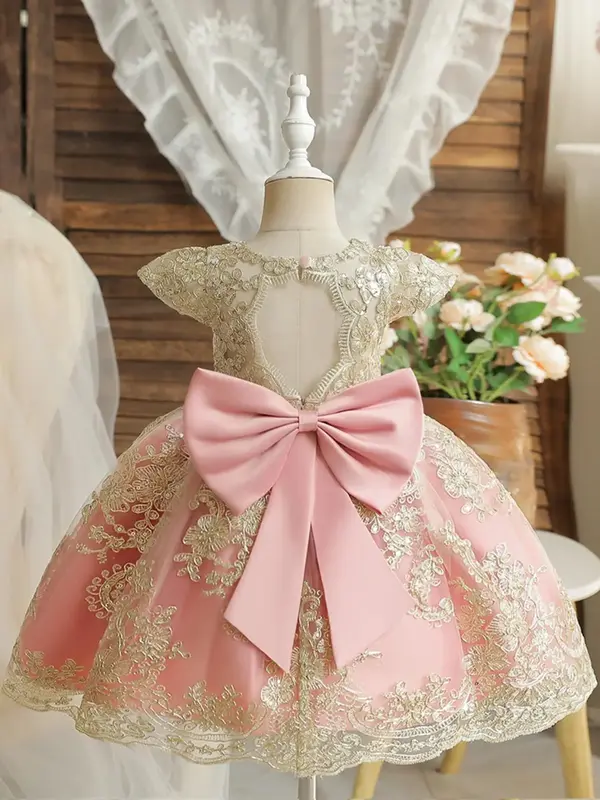 Girl's Embroidery Contrast Lace Bow Back Fit and Flare Dress, Elegant Puff Sleeve Big Bow Decor Contrast Mesh Dress for Party...