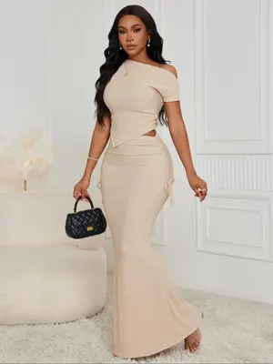 Two-piece Set Women's Solid Asymmetrical Neck Crop Tee & High Waist Mermaid Skirt Set, Elegant Fashion Hanky Hem Short Sleeve...