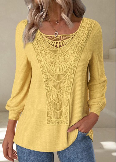 Modlily Yellow Embroidery Long Sleeve Round Neck T Shirt - L