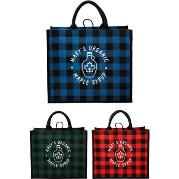 100 Promotional Buffalo Plaid Printed Jute Tote