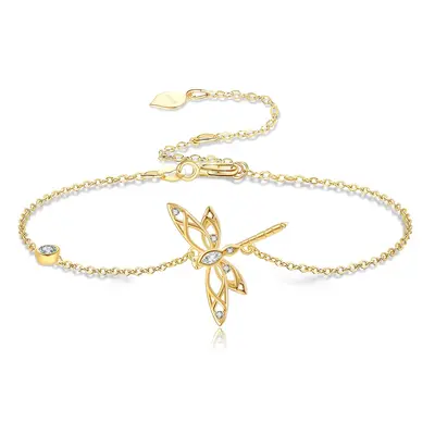 14K Gold Cubic Zirconia Dragonfly Charm Bracelet