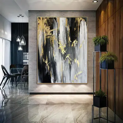 Original Blurry Painting On Canvas Gold Leaf Artwork Gray Painting Creative Texture Art for Living Room Decor | BLURRY FLOW