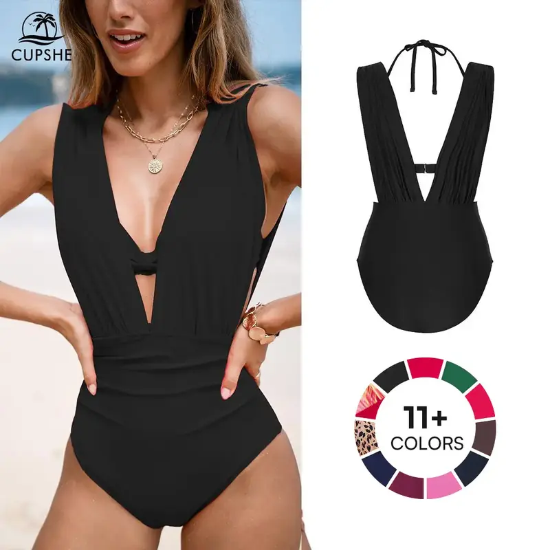CUPSHE Women's Underwire Tummy Control One Piece Swimsuit Casual Beachwear Deep V Neck High Bust Support Summer Beach Trendy ...