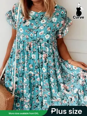 ćPlus SizećFloral Print Tiered Ruffle Flounce Sleeve Smock Dress, Boho Romantic Short Sleeve Round Neck Short Dress for D...