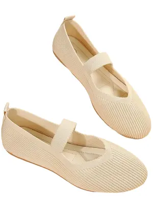 Women's Shoes Summer, Hollow Out Slip on Beige Ballerina Flats, Casual Comfortable Solid Color Elastic Non-slip Flat Shoes Sa...