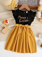 Toddler Girl's Colorblock Letter Print Belted Dress, Casual Butterfly Sleeve Round Neck A-line Dress, Kids Summer Clothes for...