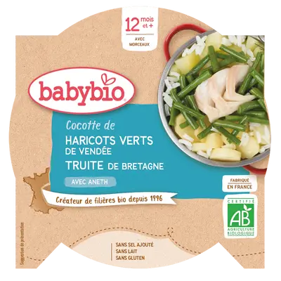 Babybio Noon Dish - 12 months and up - Green Beans, Trout - ORGANIC 230 g
