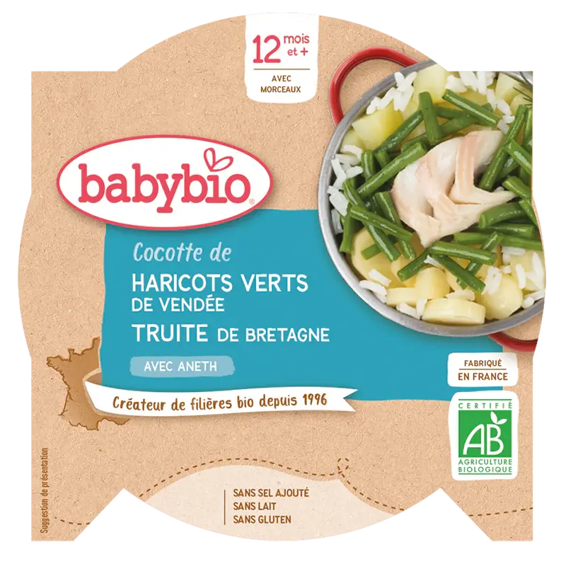 Babybio Noon Dish - 12 months and up - Green Beans, Trout - ORGANIC 230 g