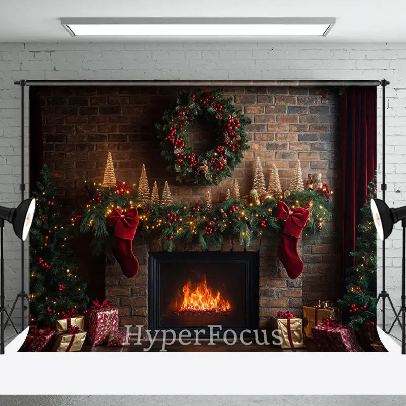 Retro Brick Wall Fireplace Wreath Christmas Backdrop - Aperturee