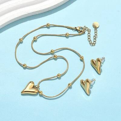 304 Stainless Steel Heart Pendant Necklaces & Stud Earrings for Women