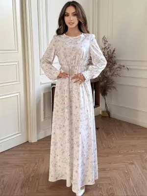 Women's Floral Print Dress, Elegant Round Neck Long Sleeve Dress for Daily Wear, Ladies Clothes for All Seasons