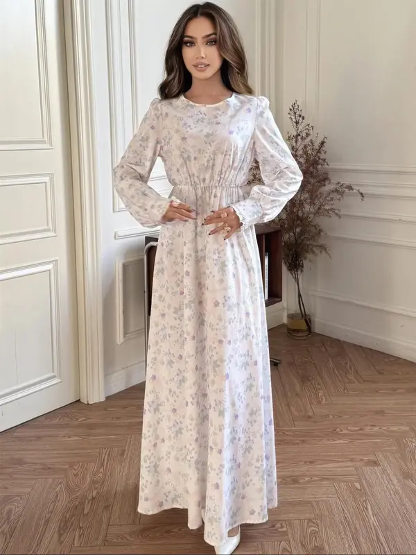 Women's Floral Print Dress, Elegant Round Neck Long Sleeve Dress for Daily Wear, Ladies Clothes for All Seasons