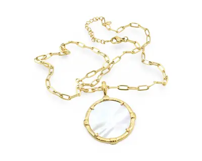 Mother Pearl Necklace with Eye-Catching Medallion Pendant & Paperclip Chain