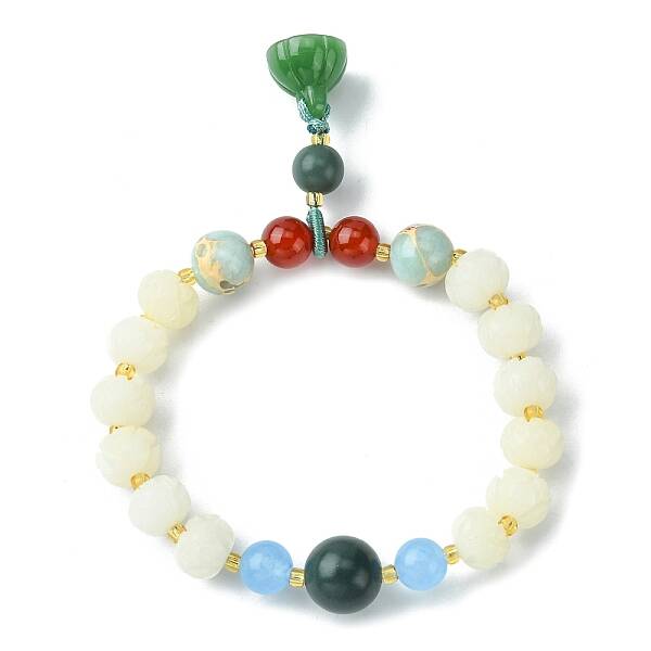 Dyed Bodhi Wood & Natural Agate Beaded Stretch Bracelet with Lotus Charms for Women