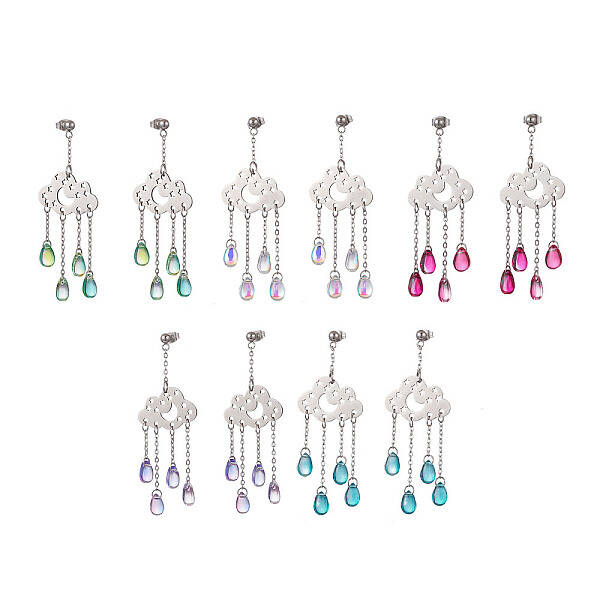 Long Chain with Transparent Glass Beads Dangle Stud Earrings