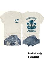 Women's Palm Tree & Letter Print Round Neck Tee, Casual Fashion Short Sleeve T-shirt for Summer, Ladies Clothes for Daily Wea...