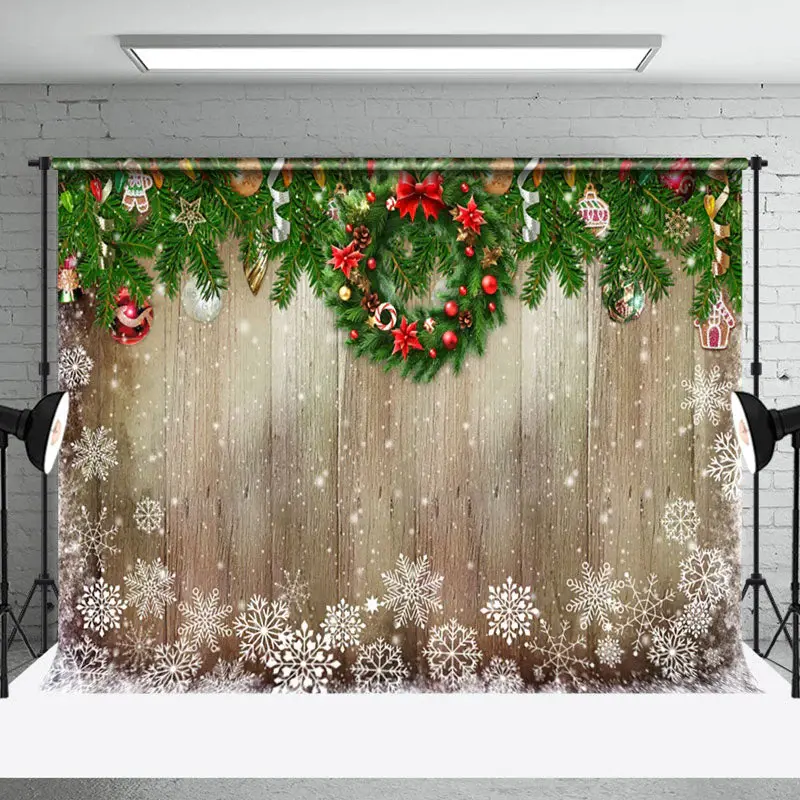 Green Leaves Wreath Wood Snowflake Christmas Backdrop - Aperturee