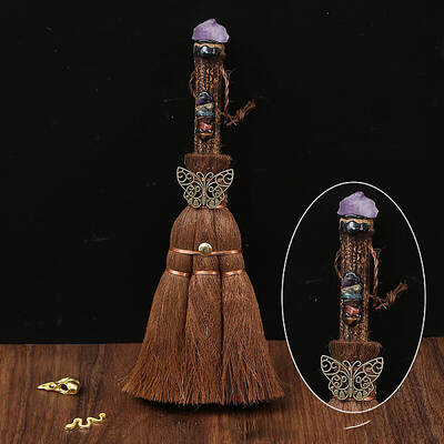 Wood Witch Broom with Synthetic Amethyst Pendant Decorations
