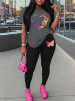 Women's Butterfly Print Tee & Skinny Pants Two-Piece Set, Casual Round Neck Short Sleeve T-Shirt & Leggings for Daily Wear, L...