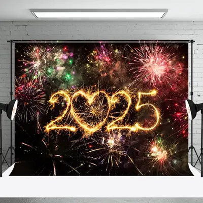 Aperturee Colorful Sparks Bloom Heart 2025 New Year Backdrop