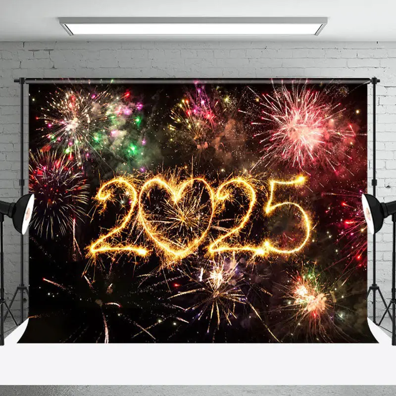 Aperturee Colorful Sparks Bloom Heart 2025 New Year Backdrop
