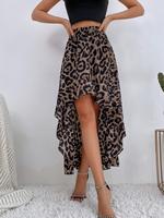 Women's Leopard Print High Low Ruffle Hem Skirt, Casual Elastic Waist A Line Skirt, Summer Clothes Women, Women's Bottoms, Wo...