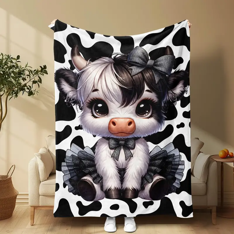 Cute Cow Pattern Warm Nap Blanket, 1/2 Counts Soft Polyester Design Throw Blanket, Air-conditioned Room Blanket for Home & ...