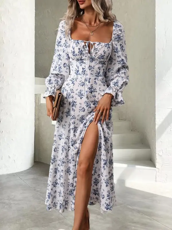 Women's Ditsy Floral Print Tie Front Split Thigh A-line Vintage Dress, Boho Long Sleeve Slim Fitting Square Neck Midi Dress f...