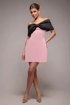 Goddiva Front Bow Off The Shoulder Mini Dress - Blush Black