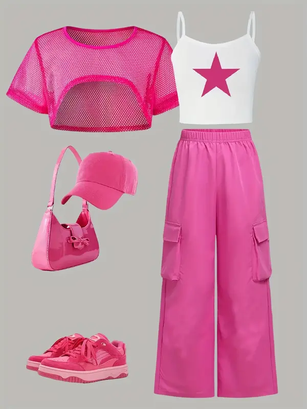 3 Piece Cooltwn Girls Summer Set, Casual Short Sleeve Perforated Top, Printed Tank Top, Cargo Pants for Daily and Vacation We...