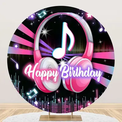 Black Pink Musical Disco Round Backdrop For Birthday - Aperturee