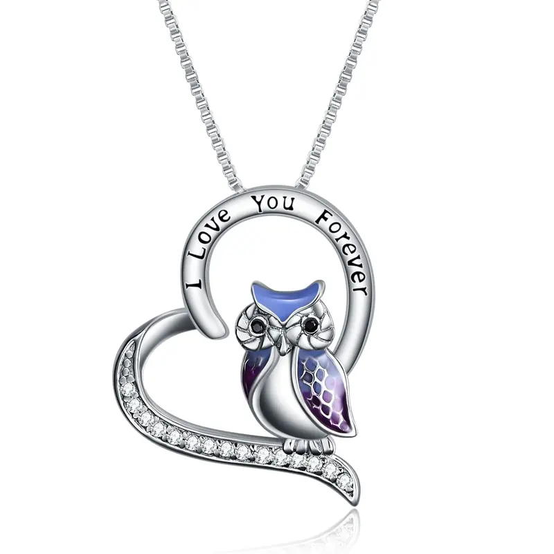 Sterling Silver Zircon Owl & Heart Pendant Necklace with Engraved Word