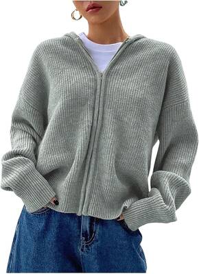 Women's Zip Up Hooded Cardigan Sweater Knitted Drop Shoulder Fall Hoodies Outerwear