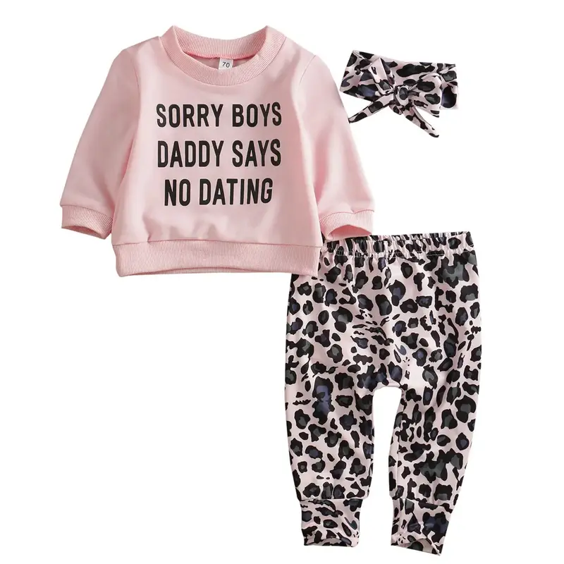 Newborn Baby Girls Clothes Daddy Saying Printed Long Sleeve Crewneck Shirt Tops and Elastic Waist Leopard Pants with Headband...