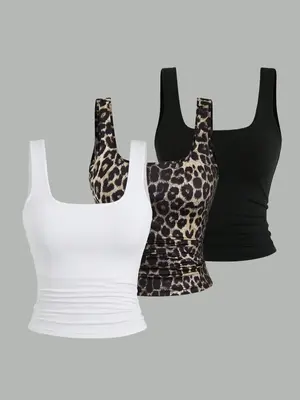 ćPlus Sizeć Plain & Leopard Print Scoop Neck Tank Top, Casual Sleeveless Top for Summer, Women's Clothing for Daily Wear