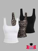 【Plus Size】 Plain & Leopard Print Tank Top, Casual Sleeveless Top for Summer, Lady Clothing for Daily Wear Everyday, Goin...