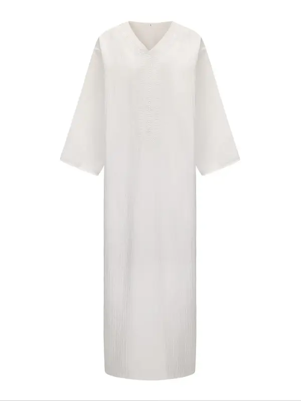 Men's Ethnic Pattern Embroidery V Neck Long Robe, Loose Casual Comfy Long Sleeve Dressing Gown for Daily Wear, Men's Islamic ...