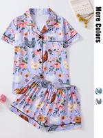 Women's Floral & Chicken Print Shirt & Shorts Pyjama Two-piece Set, Casual Short Sleeve Top & Shorts Pj Set, Ladies Sleepwear...
