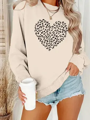 Women's Heart & Leopard Print Drop Shoulder Crewneck Sweatshirt, Comfort Casual Longsleeves Round Neck Pullover for La...