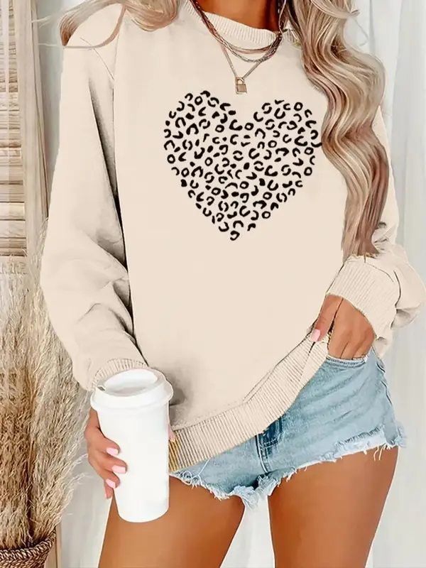 Women's Heart & Leopard Print Drop Shoulder Crewneck Sweatshirt, Comfort Casual Longsleeves Round Neck Pullover for La...