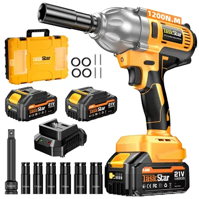 ăTaskStară1200Nm(886ft-lbs) Cordless Impact Wrench, Powerful 1/2 Electric High Torque Impact Wrench Kit With 2*4.0Ah Ba...