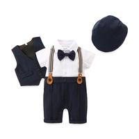 3pcs Newborn Baby Boy Gentleman Outfits Short Sleeve Jumpsuit with Bow + Waistcoat + Hat Infant Long Pants Set